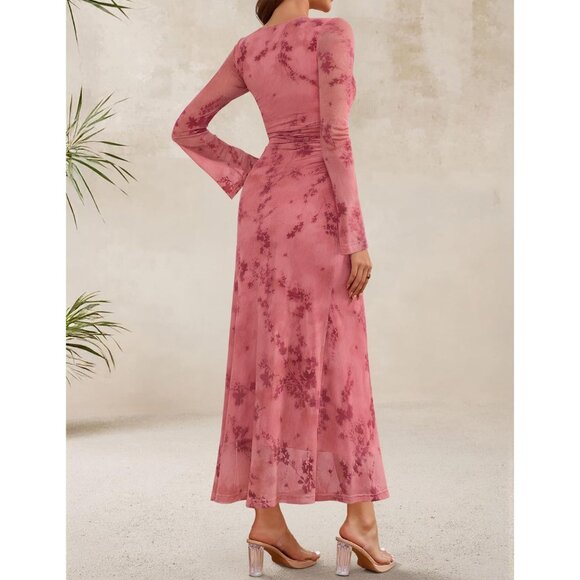 Zesica Women's Tie Dye Pink Ruched Mesh Long Sleeve Floral Bodycon Dress - Picture 5 of 6